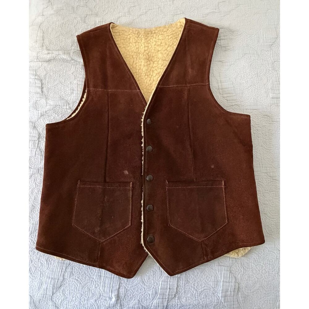 Vintage 60s Leather Suede Sherpa Lined Vest‎ Western Shearling Dark Brown Small